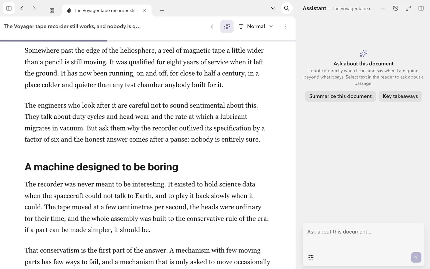 A question to the assistant beside an article, answered in three short points with citations. Clicking the last citation jumps the reader to the paragraph it cites.