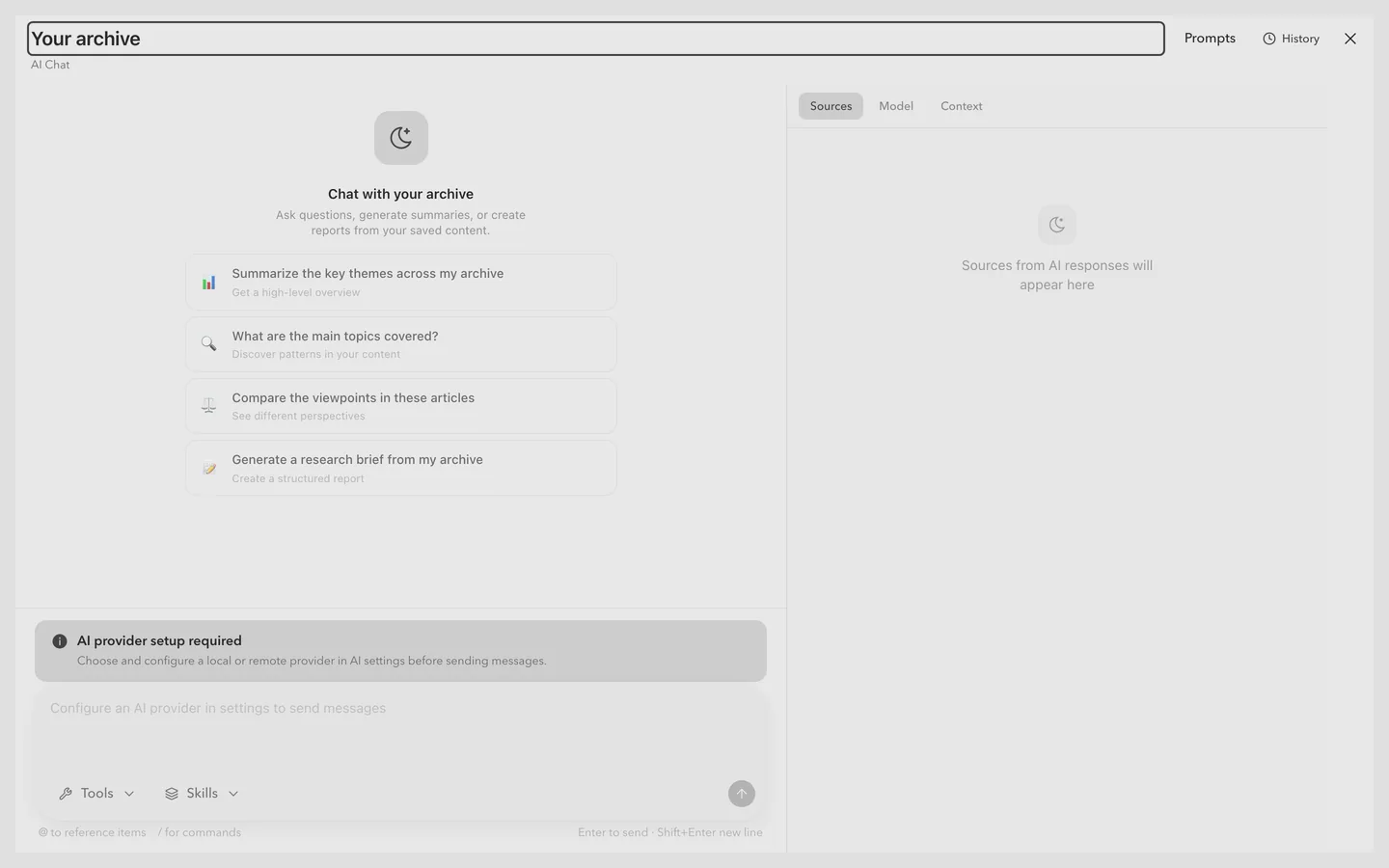 The AI assistant panel in FlowReader before a provider is configured, showing that the assistant runs on user-supplied credentials.