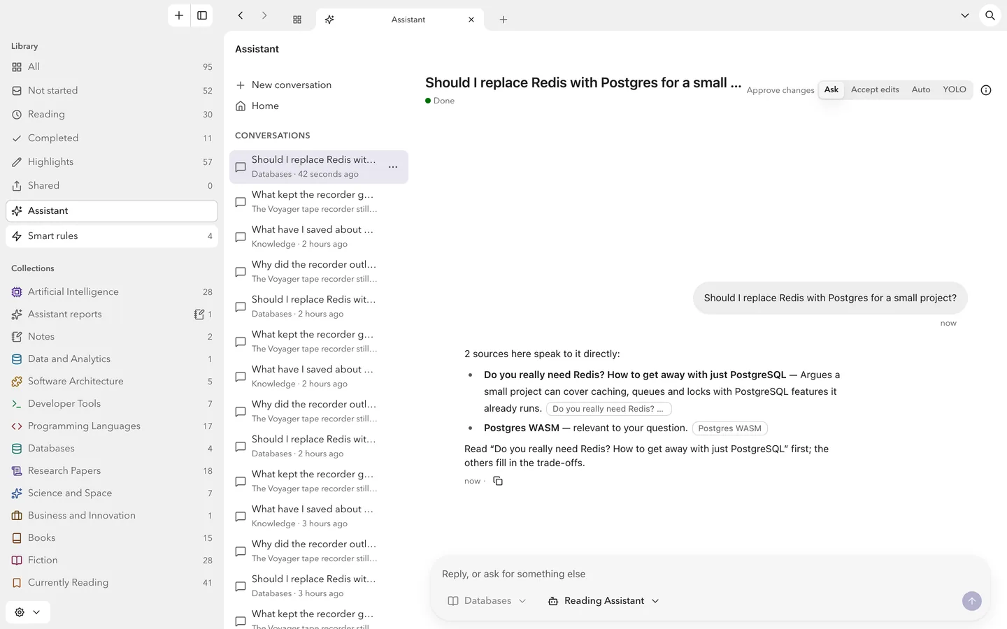 A chat limited to the Databases collection. The assistant answers a question about Redis and Postgres from two items in it, each with a citation.