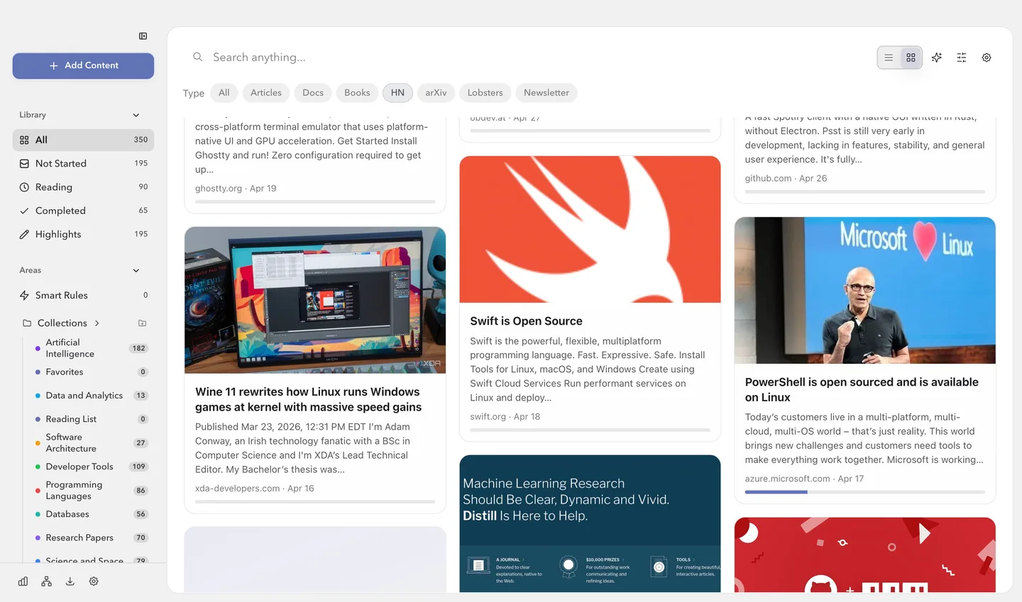 The FlowReader archive in grid view, with saved items shown as cards including title, excerpt and source.