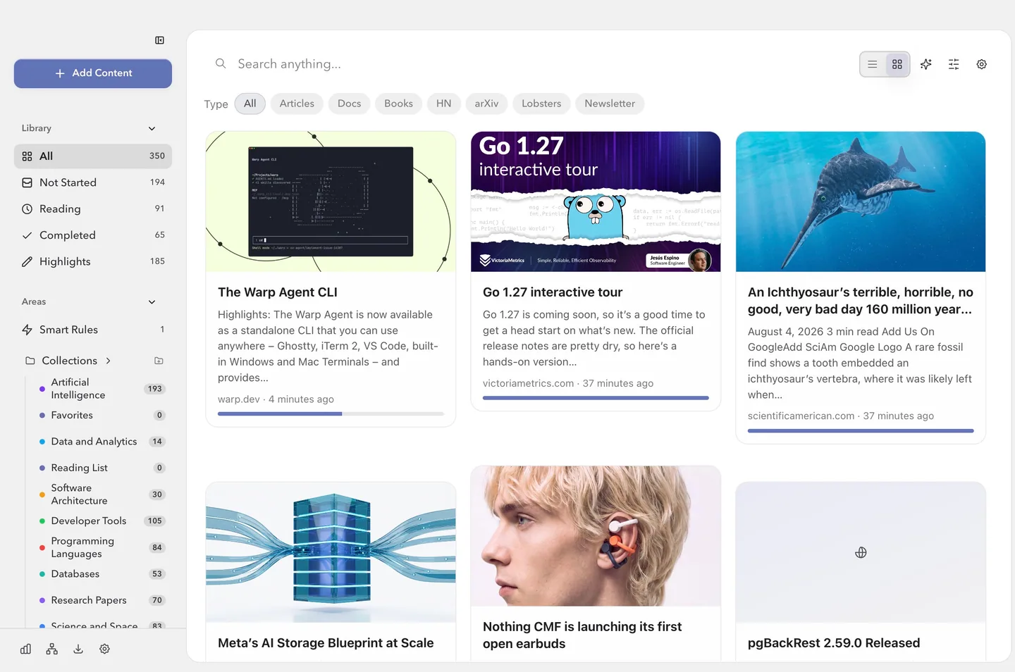 The FlowReader archive in list view, showing saved articles and an imported book with reading status, source and date for each item.