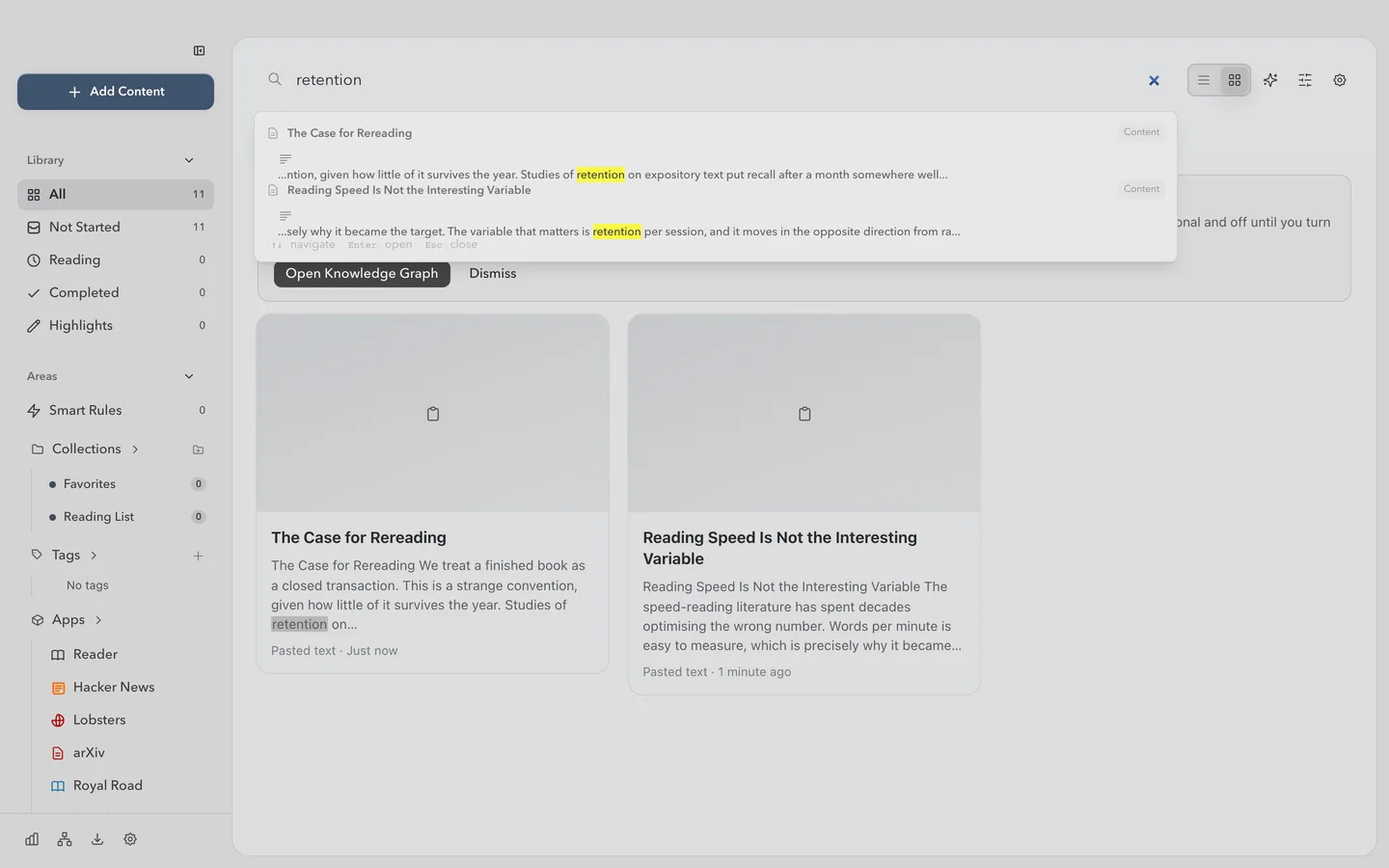Archive-wide search showing suggestions and matching passages across saved items.