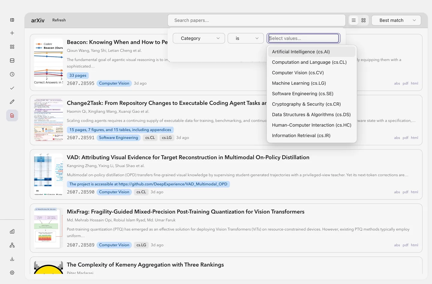 The arXiv browser in FlowReader with a filter row open, choosing a category from a list that includes Artificial Intelligence, Computer Vision and Machine Learning, above a results list of papers with authors, abstracts and page counts.