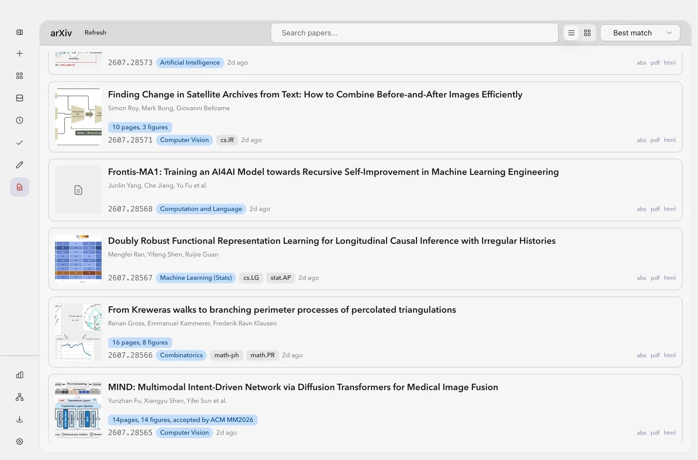 The arXiv research surface, listing papers with search, sorting and list or grid presentation.