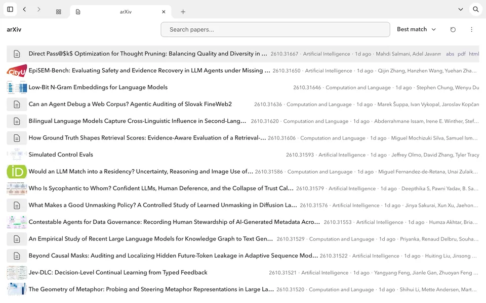 The arXiv view listing new papers in Artificial Intelligence and Computation and Language, each with its arXiv number, the authors and links to the abstract, PDF and HTML.