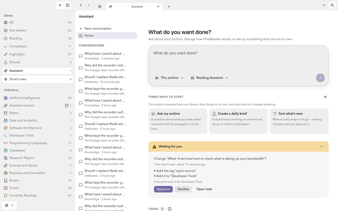 The assistant’s home page, with a box to describe a job, a proposed change waiting for approval and the scheduled Tasks below.