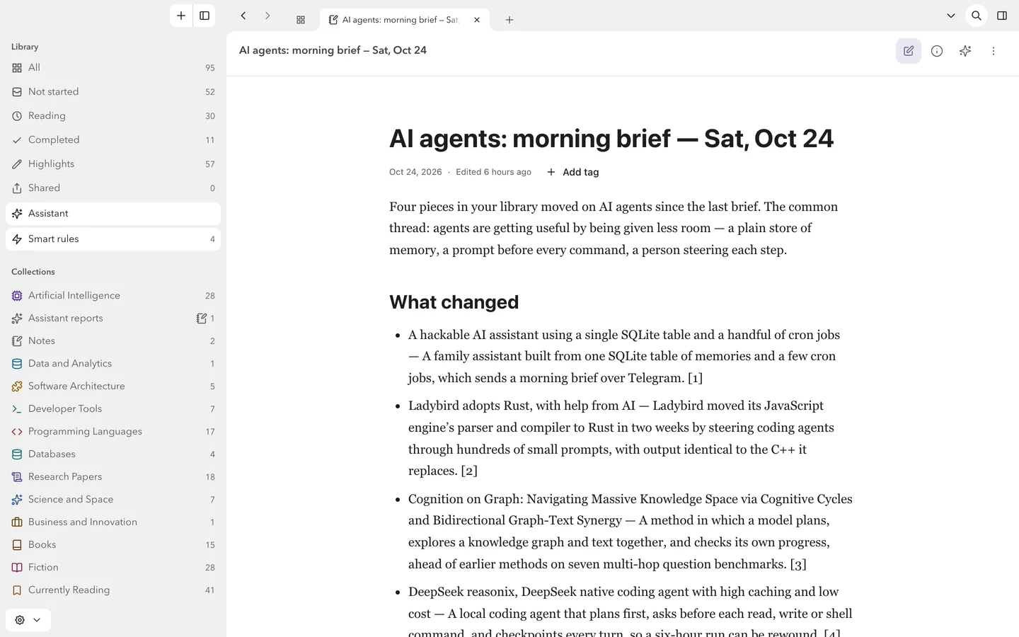 A morning summary written by a Task, open as a note with numbered citations and its four sources listed beside it.