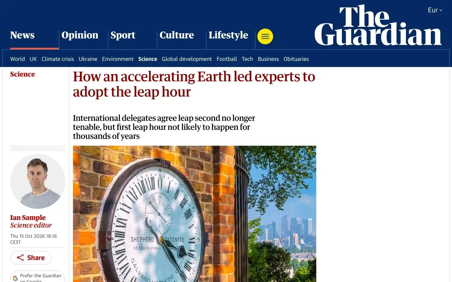 A Guardian article in a browser tab, then the keyboard shortcut, then the same article in FlowReader with nothing else from the page around it.