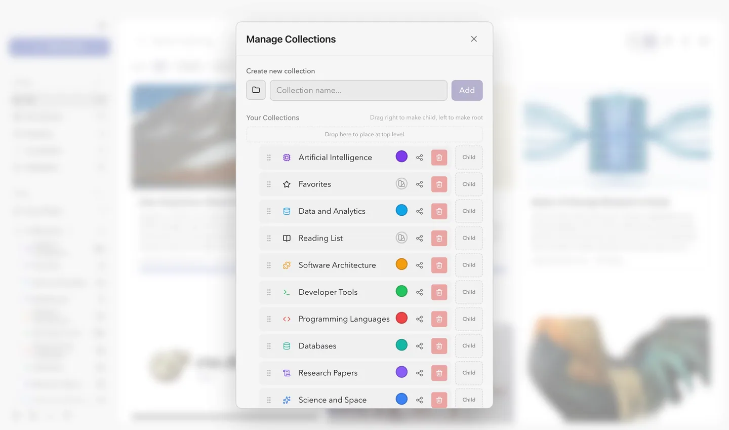 The collection manager, showing nested collections used to organize the archive.
