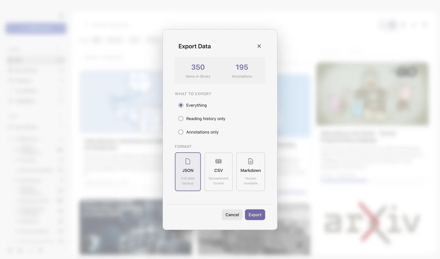 The data export screen, where the library, annotations and reading data are exported from the device.