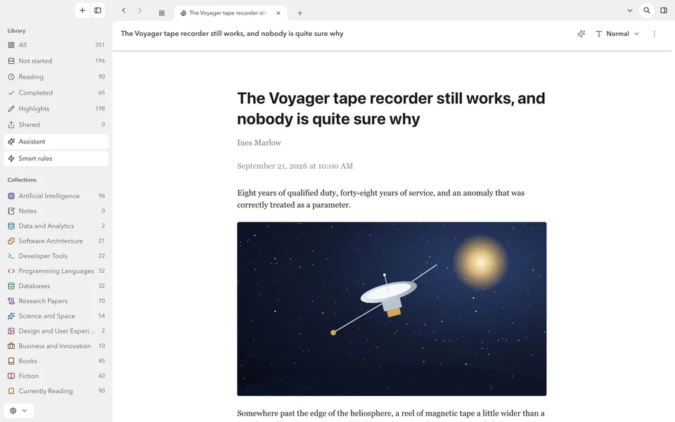An article saved with the browser extension, shown in FlowReader’s clean reading layout with its headline, author and an illustration of a spacecraft.