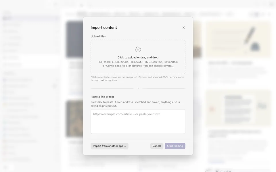 The import dialog, with a drop zone that lists the supported formats and a field to paste a link or text.