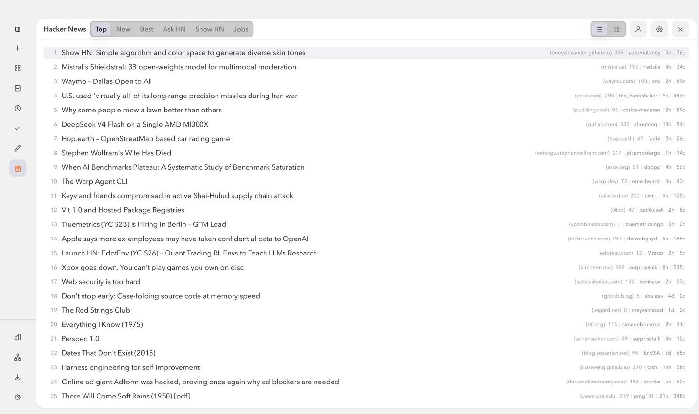 The Hacker News client inside FlowReader, showing the story feed with keyboard-first navigation.