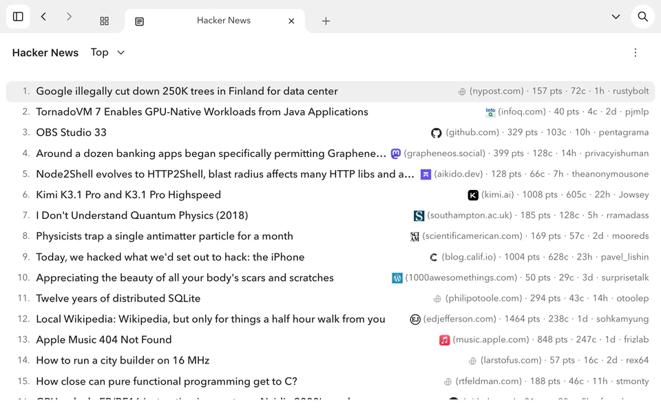 The Hacker News view on its Top list, with numbered stories, each with its site, points, comment count, age and submitter.