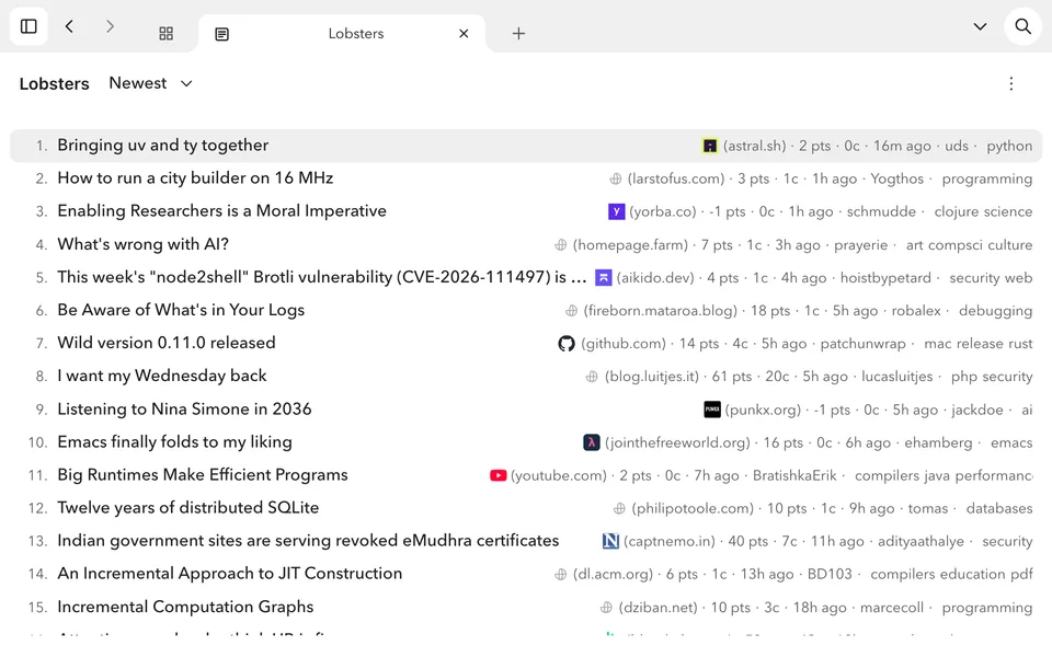 The Lobsters view on its Newest list, with numbered stories, scores, comment counts and tags.