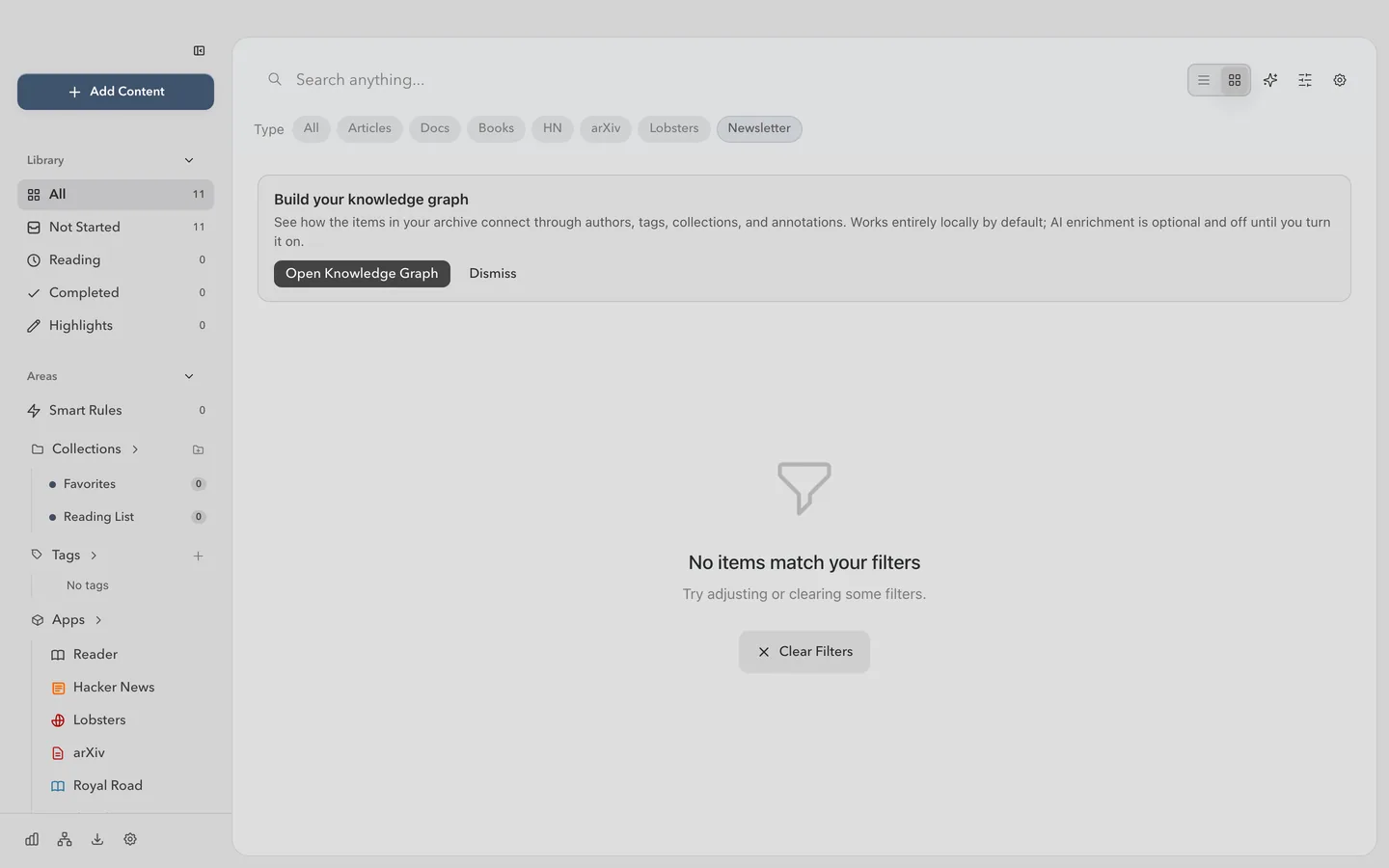 The Newsletter surface, where private FlowReader alias addresses are managed once an account is connected.