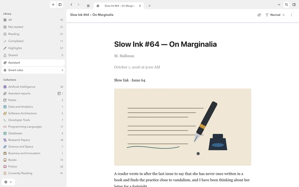 A passage from a newsletter issue in FlowReader’s clean reading layout.