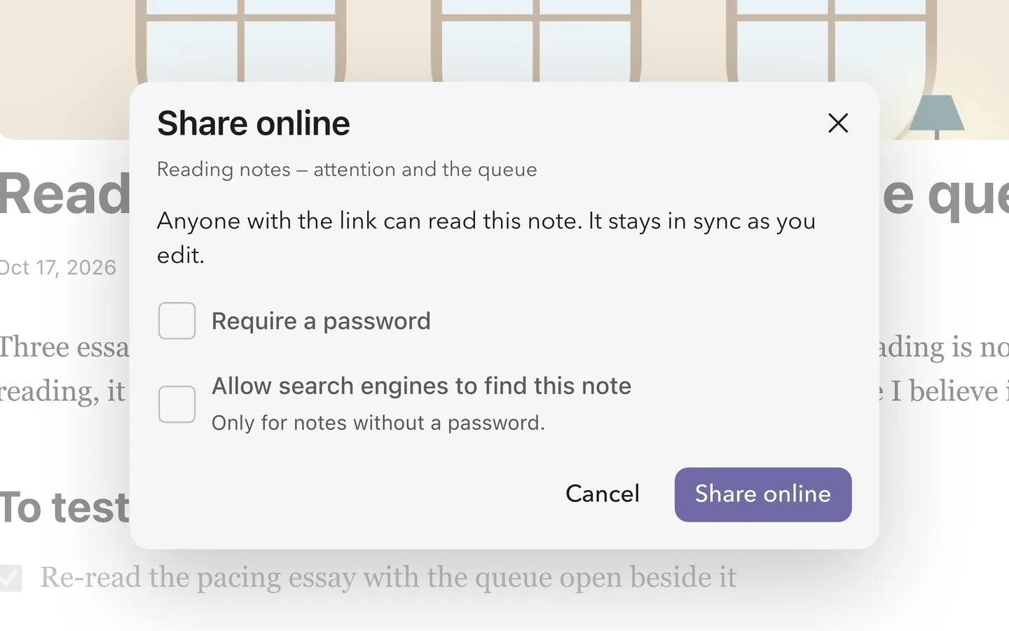The dialog for sharing a note on the web, with options to add a password or let search engines find it.