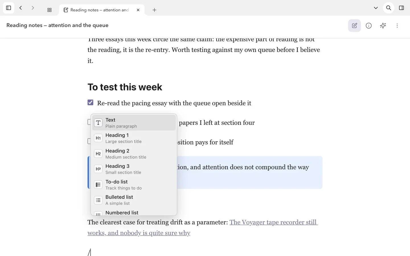 Typing a slash in a note opens a menu of blocks, and a callout is inserted ready to write in.