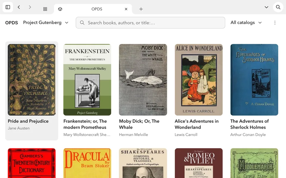 The Project Gutenberg catalogue in FlowReader, showing classic books such as Pride and Prejudice and Frankenstein as covers.