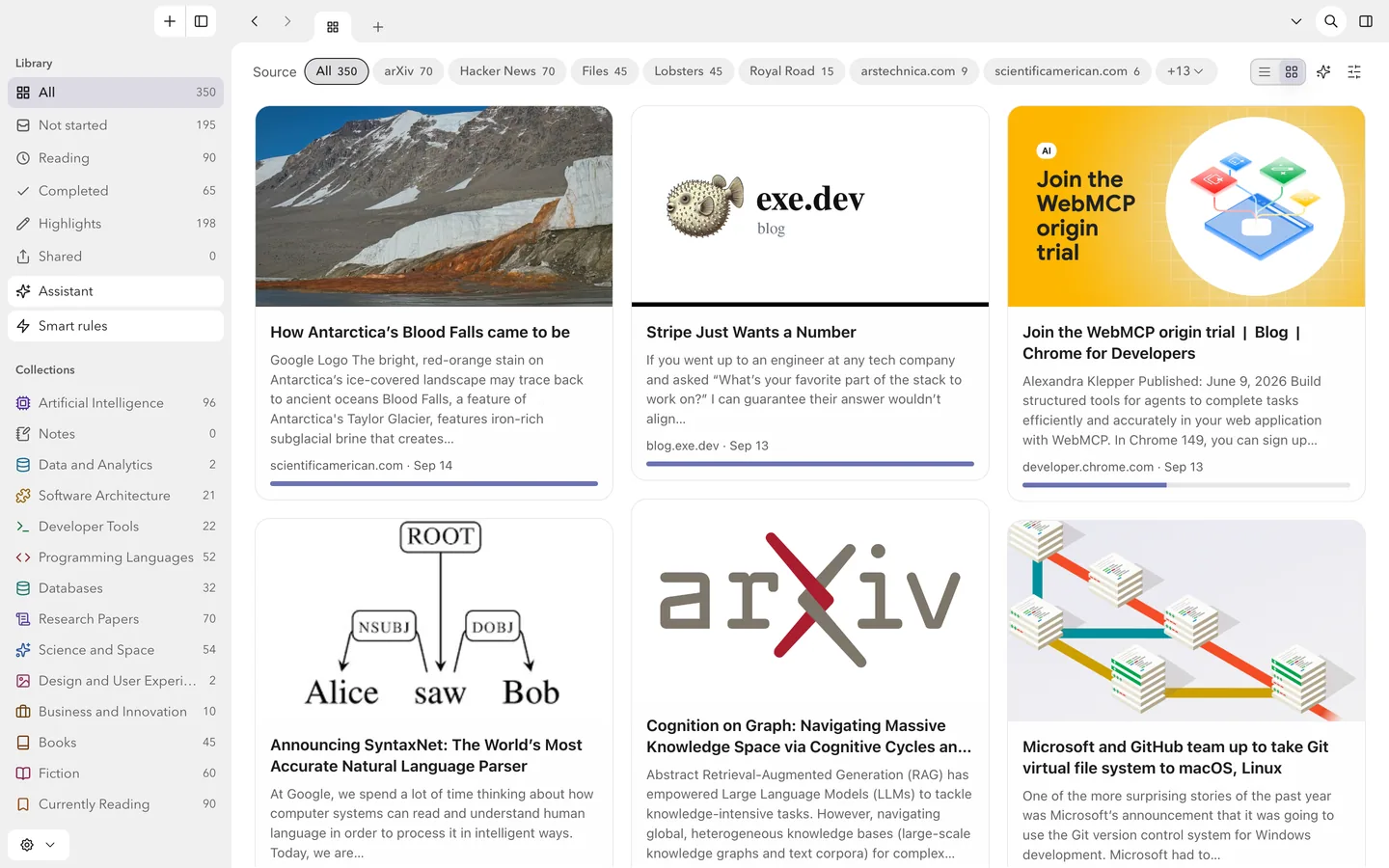 The FlowReader library in the browser extension, with collections in the sidebar and article cards in a grid.
