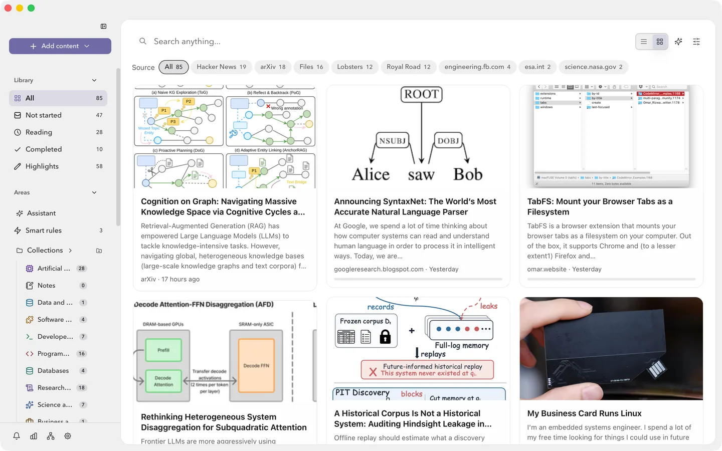 The FlowReader macOS app showing the same library, with collections in the sidebar and article cards in a grid.