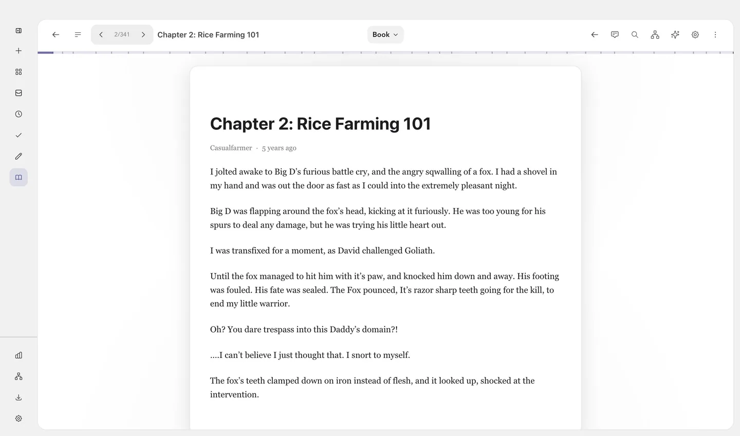 The reader in Book mode, showing an imported EPUB paginated like an e-reader with chapter navigation.