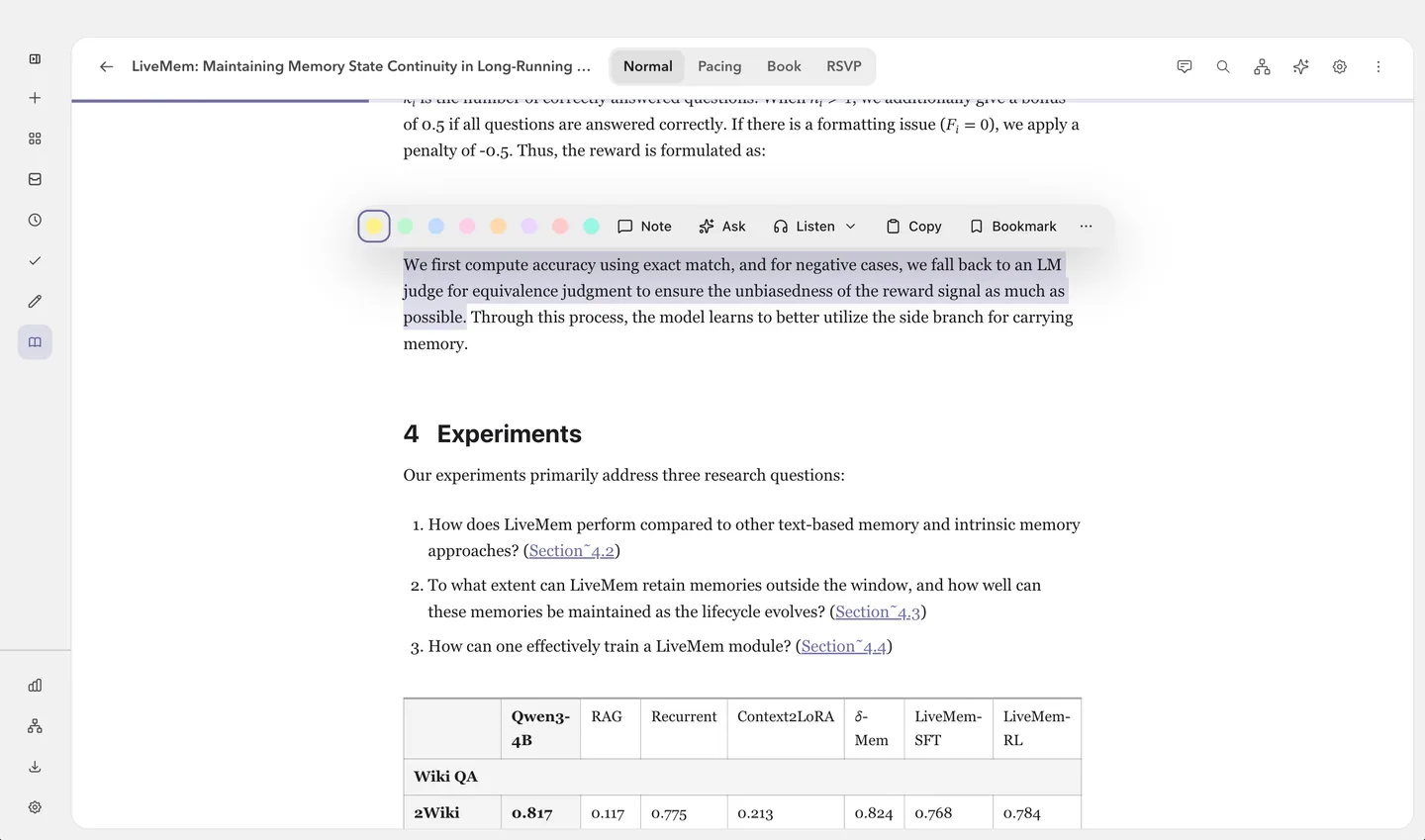 A passage selected in the reader with the annotation toolbar open for highlighting and adding a note.