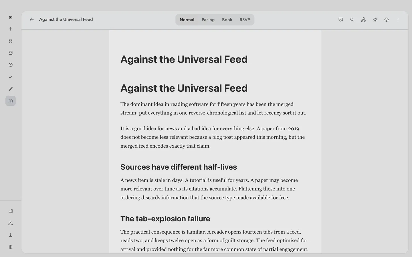 The FlowReader reader in Normal mode, showing a long-form article in a clean single column with the reading-mode switcher in the top bar.
