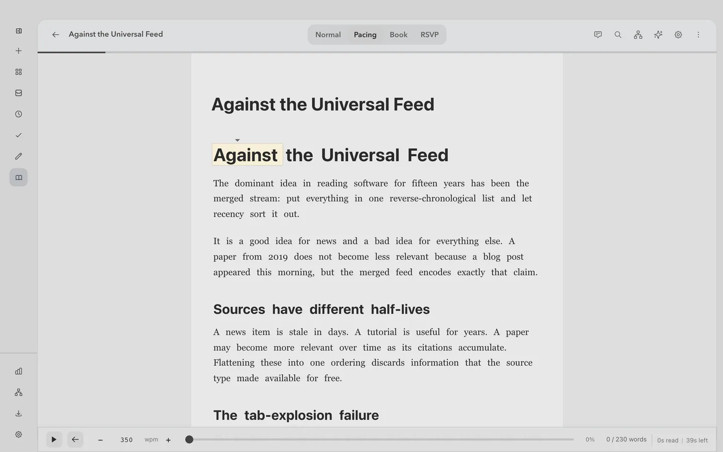 The reader in Pacing mode, advancing the reader’s focus through the text at a controlled speed.