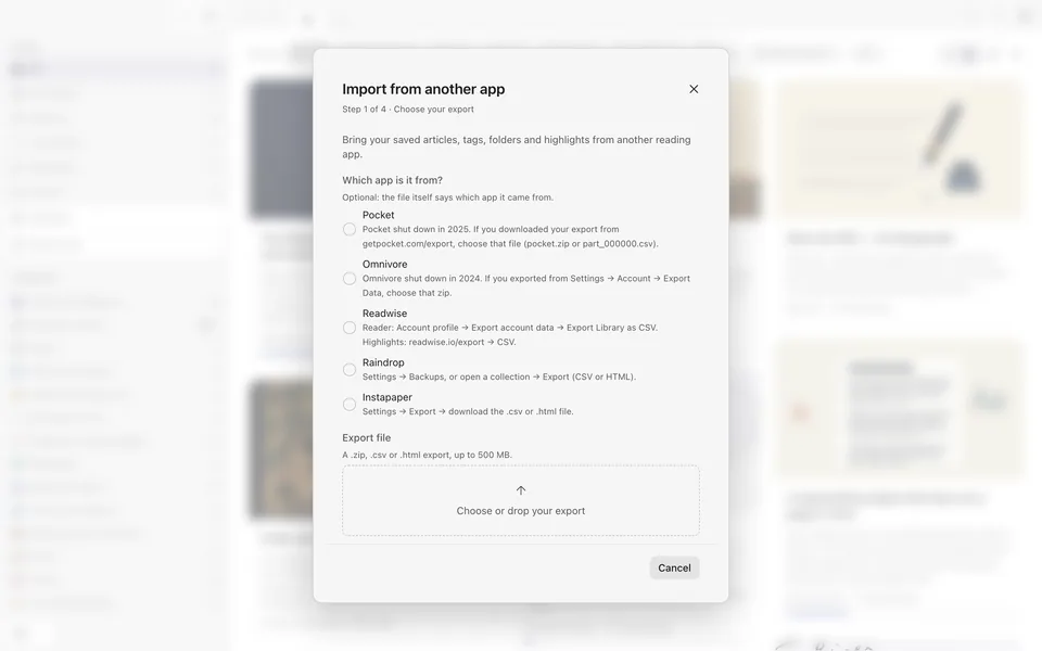 The first step of importing from another app, where you pick Pocket, Omnivore, Readwise, Raindrop or Instapaper and drop in the export file.