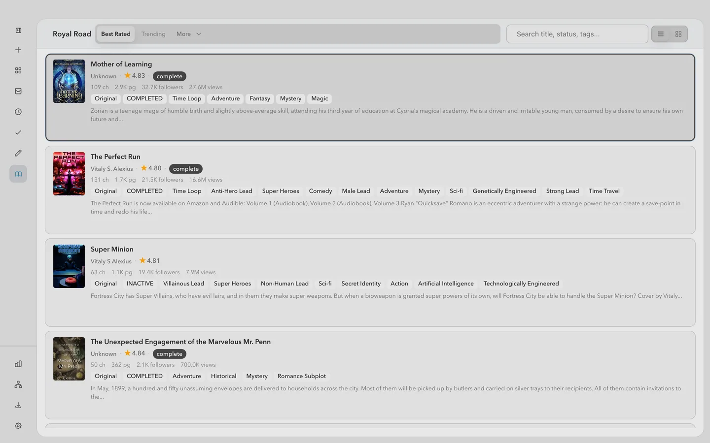 The Royal Road surface for serialized fiction, listing works that import as multi-chapter books.