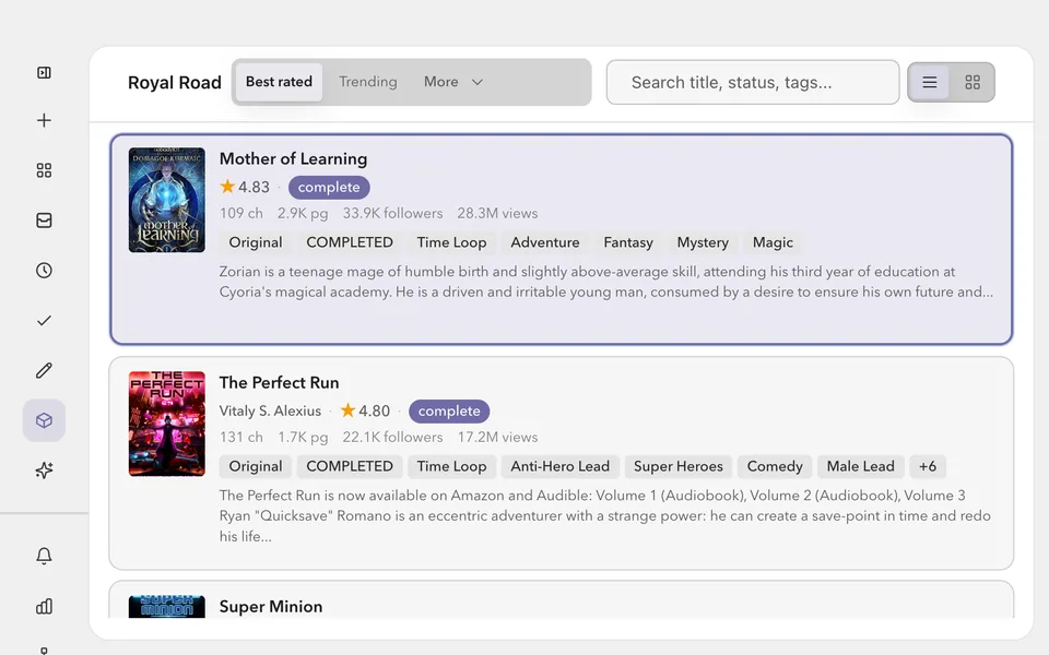 The Royal Road view on its best-rated list, with serials such as Mother of Learning shown with their covers, ratings and blurbs.