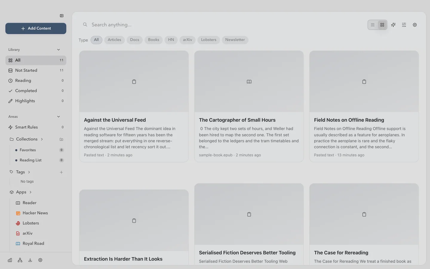 The RSS and news view, where subscribed feeds and saved news indexes are browsed as headline streams.