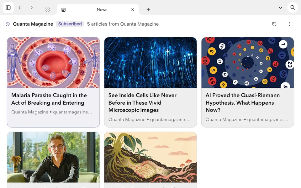 The Quanta Magazine feed, showing its five latest articles as cards with illustrations and headlines.