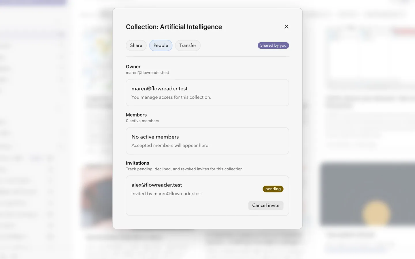 The share dialog for the Artificial Intelligence collection, with one invitation waiting to be accepted.