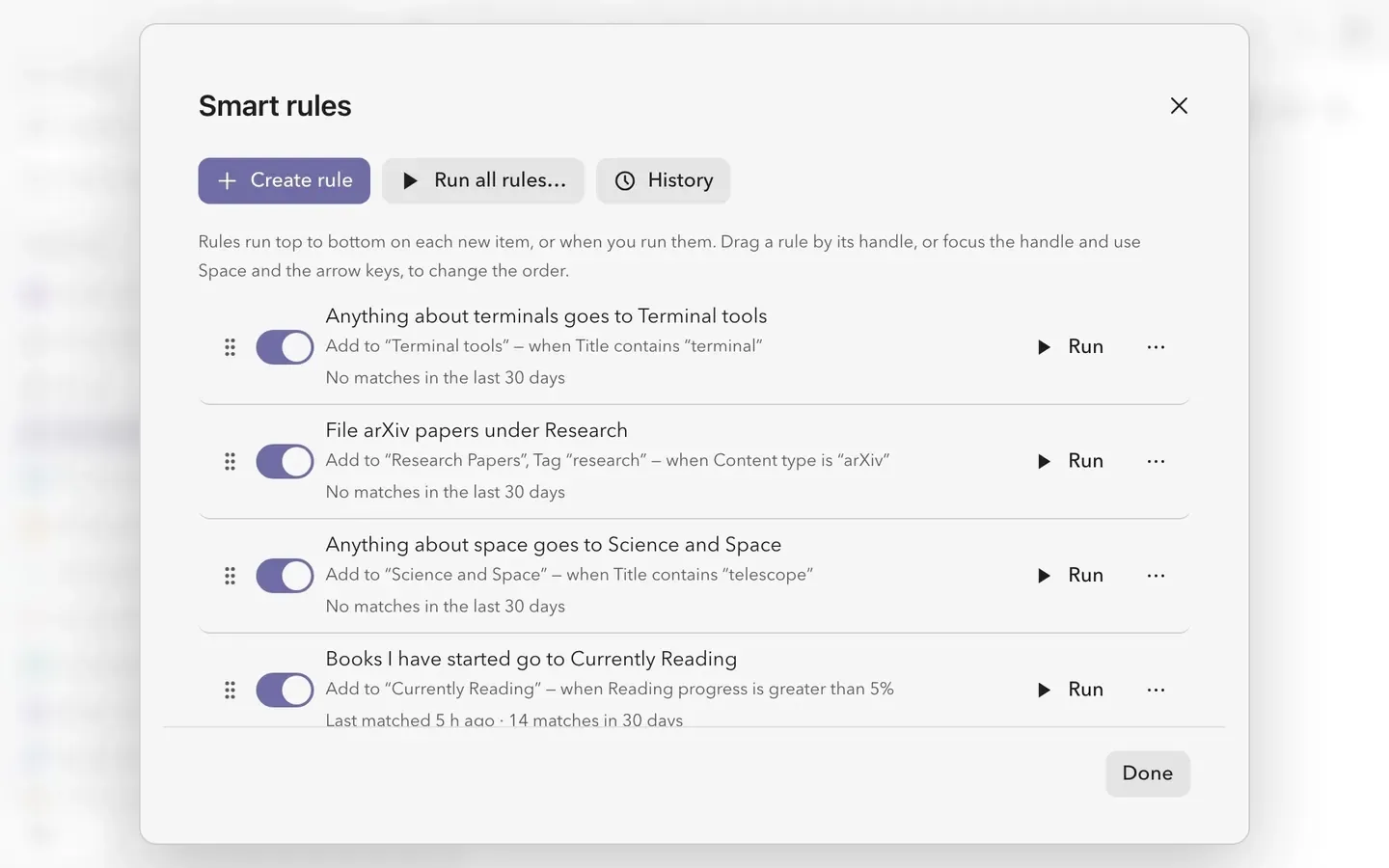 A Smart Rule that files anything about terminals runs on the library. Its preview finds four items, and they move into the Terminal tools collection.