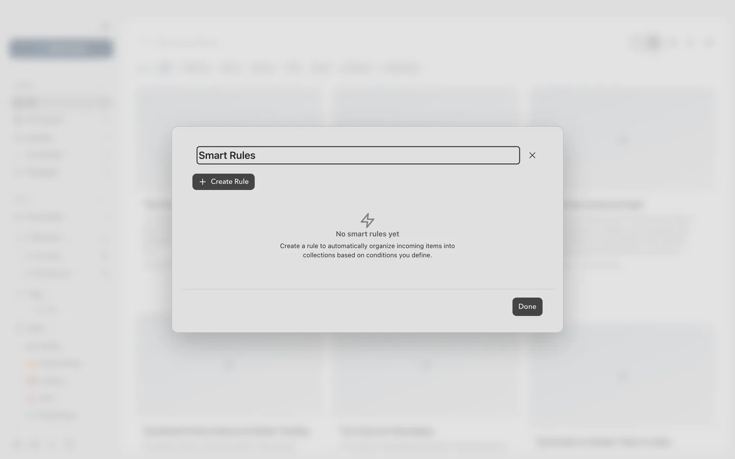 The Smart Rules screen, where condition-tree automations that file items into collections and tags are created and tested.
