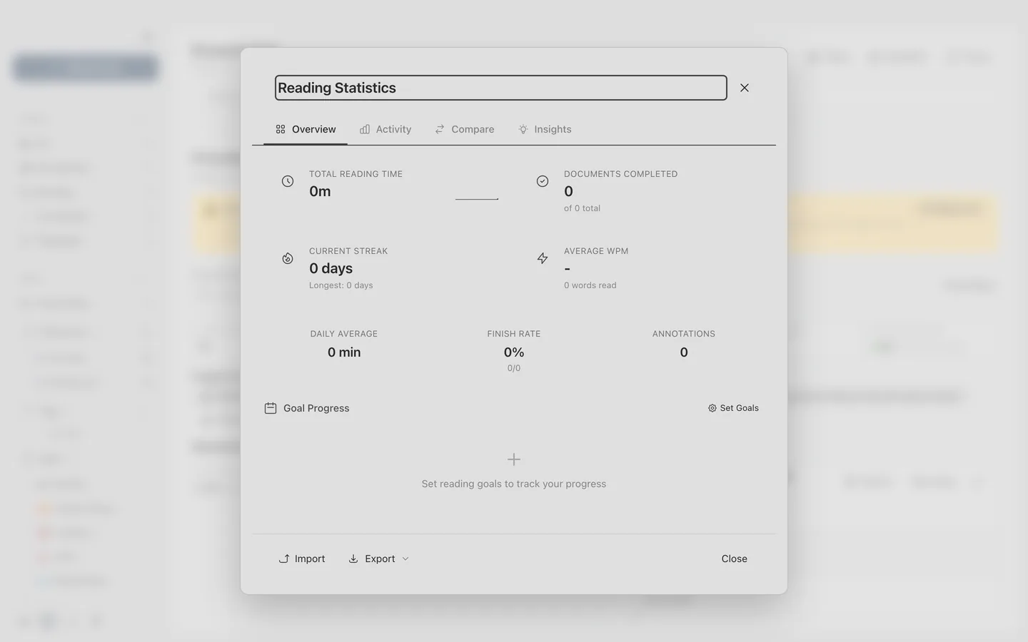 The reading statistics view, showing progress and reading activity over time.