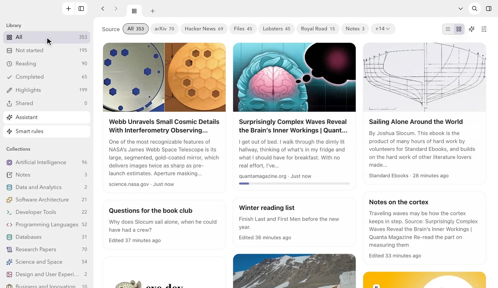 The FlowReader library in grid view, with a NASA article about the Webb telescope and a Quanta Magazine article first among the cards, beside the collections sidebar.
